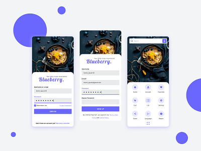 BLUEBERRY | Recipe App app design food log in menu mobile recipe registration search ui ux