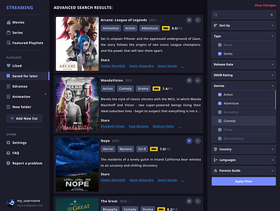Movie Streaming | Advanced Search advanced search dark mode desktop filter icons movie streaming movies sidebar navigation sidebar navigation menu tags ui ux web design