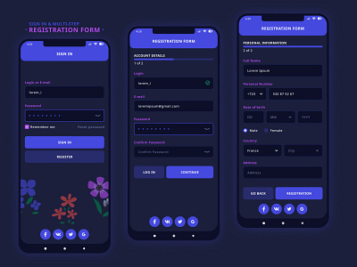 Sign in & Multi-step Registration Form | Dark Theme