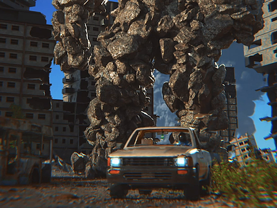 the chase 3d animation blender chasing giant monster octane post apocalyptic scene sci-fi