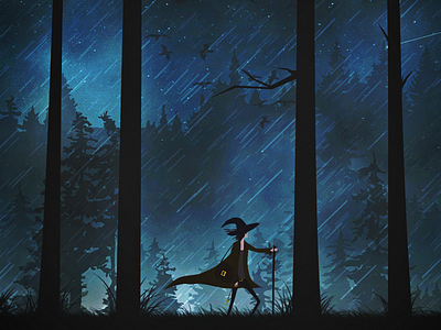 Forest character forest illustration night rain skies storm trees