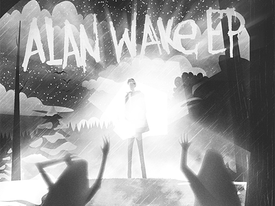 Alan Wake EP alan wake artwork black and white forest illustration light poster remedy winter