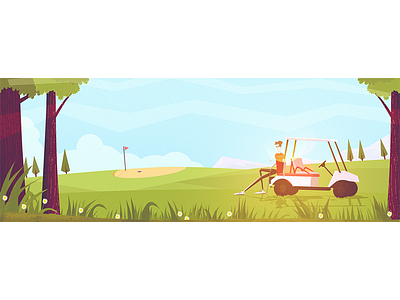 Golf club character concept dude golf golf car illustration retro sun trees