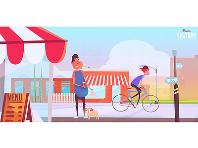 Room Factory animation bicycle cafe character fast food illustration modern retro street