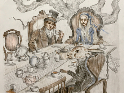 Mad tea party aristocratically alice in wonderland art book art book illustration character illustration children book illustration fantasy illustration mad surreal art surrealism