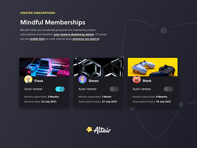 Mindful Memberships altair auto renew content creation memberships mindful design streaming subscription toggle ui ux wip