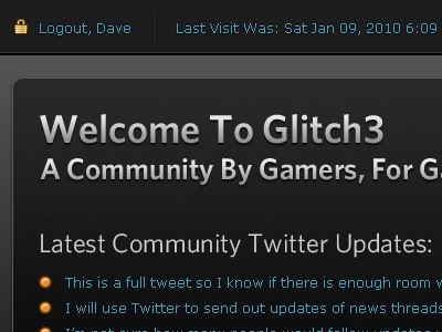 Welcome To Glitch3 forum skin icons phpbb text shadow theme tweet verdana whitney