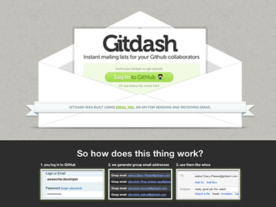 Gitdash Dribbble email envelope fireworks github landing splash ui web