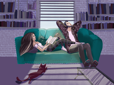 21. “Library, reading, books” (DailyUi) books cat couple daily dailyui dailyuichallenge design home illustration ui