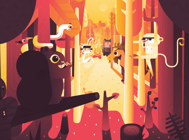 The Forgotten Frames - Into the woods 2d animals autodesk bird campfire camping character design fab design flat design illustration marshmellow monkey moose motion design snake squirrel trees vector woods