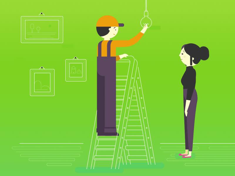 Clumsy electrician blackout changing bulb electrician fab design flat design green office outlines step ladder