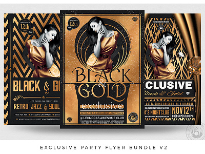 Exclusive Party Flyer Bundle V2 black black and gold classy club dj elegant exclusive flyer glamour gold grand opening luxury night nightclub party poster rich template