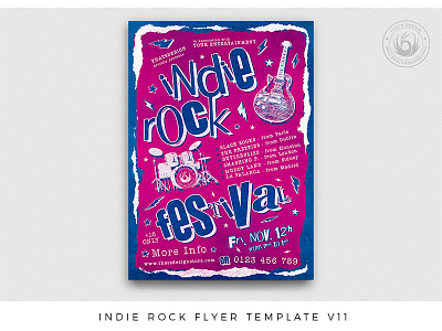 Indie Rock Flyer Template V11 blue concert concert flyer design drum fest festival gig grunge guitar indie music photoshop pink poster print psd punk rock template