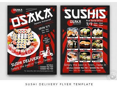 Sushi Delivery Flyer Template asian black delivery design double sided fastfood flyer food japan japanese menu photoshop poster print psd red restaurant sushi takeaway template