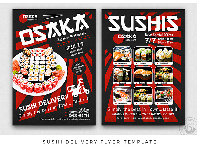 Sushi Delivery Flyer Template asian black delivery design double sided fastfood flyer food japan japanese menu photoshop poster print psd red restaurant sushi takeaway template