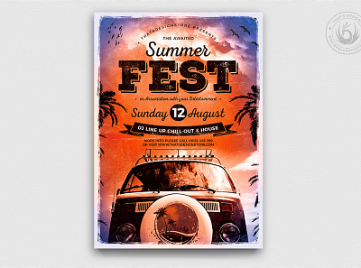 Summer Fest Flyer Template V2 beach california club design fest festival flyer hippy holiday party photoshop poster print psd roadtrip summer sunset template vacation van