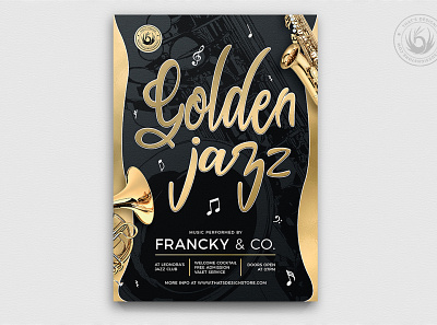 Golden Jazz Flyer Template V2 band black classy concert design elegant flyer gig gold golden jazz jazz festival live music photoshop poster print psd saxophone template