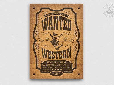 Wanted Western Party Flyer Template V2 bull riding club country cowboy design farm flyer gangster horse riding music party poster psd ranch rodeo saloon steakhouse template wanted western