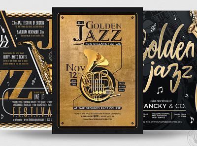 Golden Jazz Flyer Bundle band black classy concert concerts elegant festival flyer gold jazz jazzy marching music musician photoshop poster print psd saxophone template