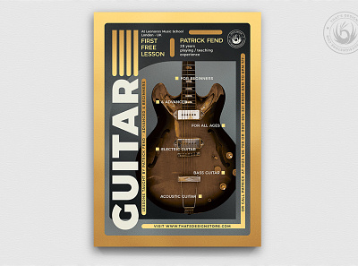 Guitar Lessons Flyer Template V5 blues classes concert design flyer gig guitar guitarist indie learning lessons music photoshop poster print psd rock school teaching template