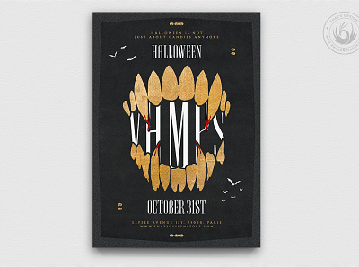 Halloween Flyer Template V28 black bloody classy club design dracula flyer gold golden halloween night party photoshop poster print psd teeth template vampires vamps