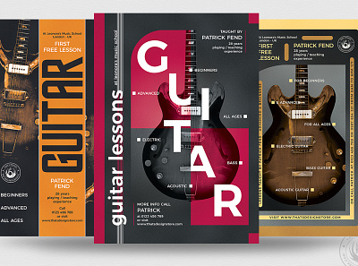 Guitar Lessons Flyer Bundle V2 acoustic bass blues classes concert design electric flyer gig guitar guitarist jazz lessons musician photoshop poster print psd rock template