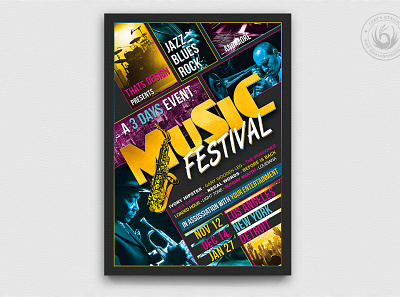 Music Festival Flyer Template V3 band black blues classy concert design elegant fest festival flyer gig gold indie jazz live music poster rock saxophone template