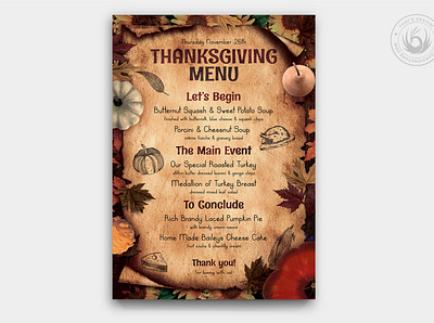 Thanksgiving Menu Template V2 autumn card design fall flyer food forest harvest menu party photoshop poster psd restaurant season template thanks thanksgiving thanksgiving day thanksgiving flyer