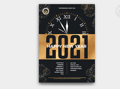 New Year Flyer Template V10 black black and gold celebration classy clock countdown design elegant flyer gold golden invitation midnight new year new years new years eve night party poster template