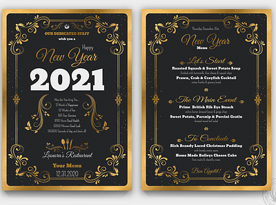 New Year Menu Template black black and gold card celebration classy club design elegant flyer gold golden happy new year menu new year new years new years eve party poster restaurant template