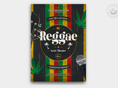 Reggae Music Flyer Template band black cannabis concert design festival flyer gig guitar indie jamaica love music peace poster rasta rastafarian reggae rock template
