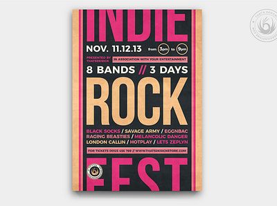 Indie Rock Flyer Template V12 album band concert design event fest festival flyer gig indie live music musician photoshop poster print psd retro rock template