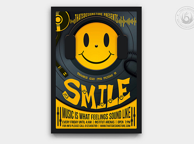 Thank God It's Friday Flyer Template club design dj emoji face flyer friday happy mix music party poster saturday smile smiley template turntable vinyl weekend yellow