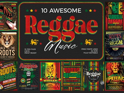 10 Reggae Music Flyer Bundle africa african band concert design ethnic fest festival flyer gig lion music photoshop poster print psd rasta reggae template tribal