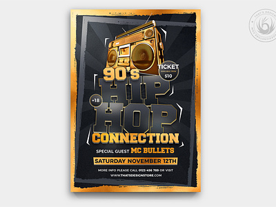 HipHop Connection Flyer Template V2 battle black black and gold boombox club design flyer gold hip hop hiphop music nineties party poster psd rap template underground urban