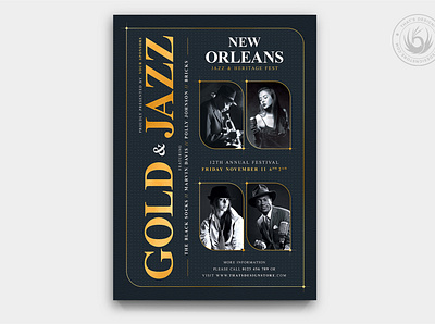 Golden Jazz Flyer Template V5 album band black classy concert design elegant festival flyer gig gold golden heritage indie jazz music poster singer template tribute