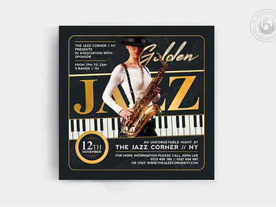 Golden Jazz Flyer Template V6 band classy concert design elegant festival flyer gold golden jazz jazzy music musician performer piano psd sax saxophone square template