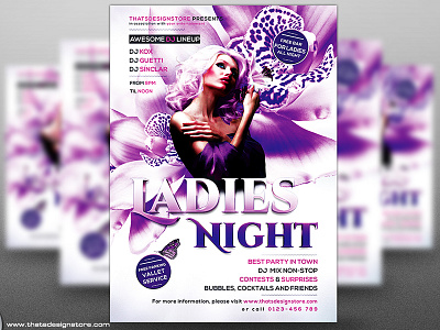 Ladies Night Flyer Template V6 butterfly fantasy flowers girls night out ladies party lady luminous modern pink poster purple sexy