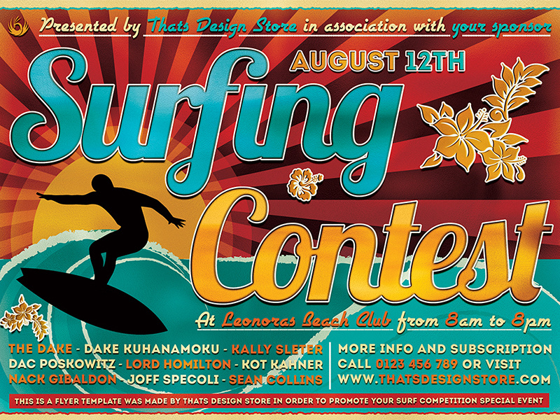 Surfing Contest Flyer Template by Lionel Laboureur for Thats Design