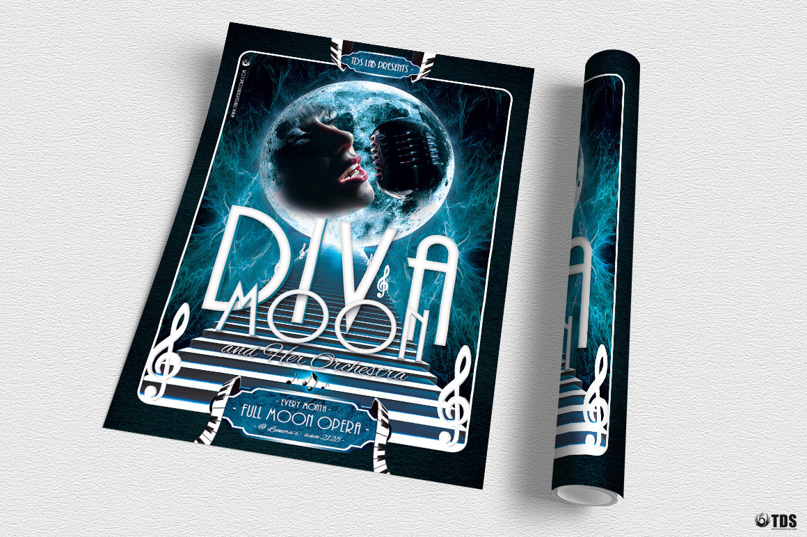 Retro Futuristic Full Moon Opera Flyer Template by Lionel Laboureur for ...