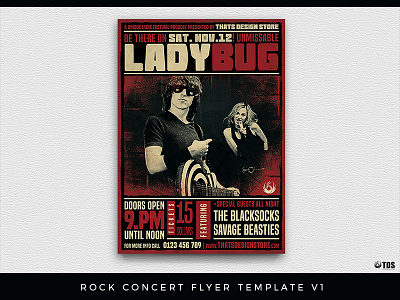 Rock Concert Flyer Template V1 black blues concert festival flyer grunge indie poster punk red rock thatsdesignstore