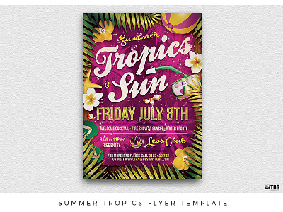 Summer Tropics Flyer Template beach dj flyer. poster hawaii lounge music night party summer sunset thatsdesignstore