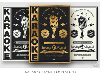 Karaoke Flyer Template V3 band black classy club comedy concert crooner elegant flyer gold jazz karaoke microphone poster psd retro talent show template voice white