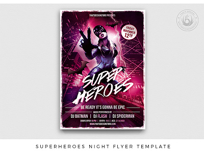 Superheroes Night Flyer Template batman catwomen club comics costume design disguise fetish flyer halloween latex mardi gras nightclub party pink poster psd superheroes template urban