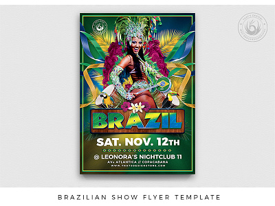 Brazilian Show Flyer Template brazil brazilian capoeira carnival dance drums feather flag flowers football free flyer template green music parade parrot party rio de janeiro salsa samba template