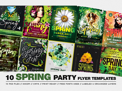 10 Spring Party Flyer Bundle bundle club day elegant equinox event flowers flyer garden green nature night party photoshop poster psd sale season spring template