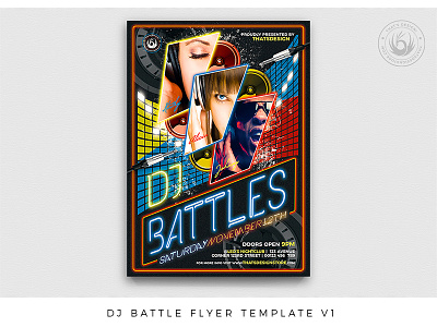 Dj Battle Flyer Template V1 battle club concert deejay disco dj electro electronic festival flyer lineup modern music neon night nightclub party poster template thatsdesign