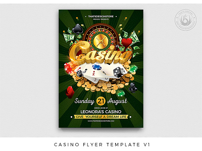 Casino Flyer Template V1 bingo blackjack casino dollars flyer gambling game gold golden las vegas money photoshop playing cards poker poster psd roulette template texas holdem thatsdesign