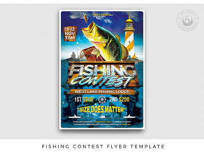 Fishing Contest Flyer Template boat competition contest fish fisherman fishing flyer lake lighthouse ocean photoshop poster psd reel river rod sea template thatsdesign water