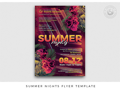 Summer Nights Flyer Template bash beach break club design exotic flowers flyer lounge night nightclub palm photoshop poster psd spring summer template thatsdesign tropical